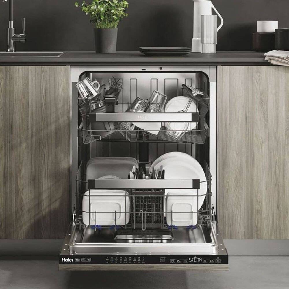 Masina de spalat vase incorporabila Haier XI6C3D0FB, 60 cm, clasa C, 16 seturi, 9 programe, Inox