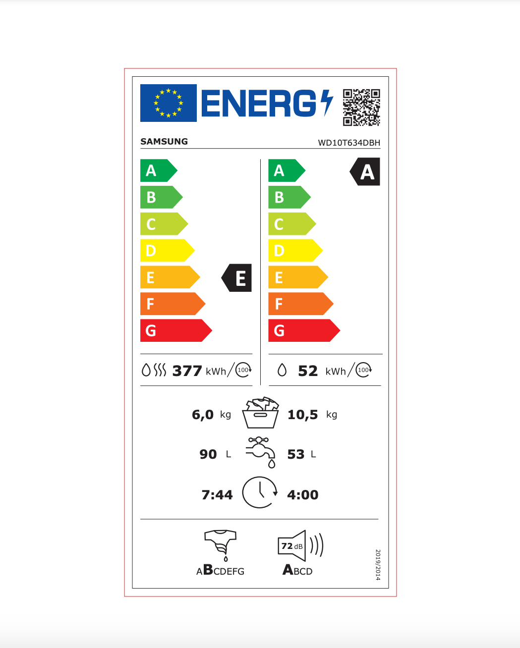 Masina de spalat rufe cu uscator Samsung WD10T634DBH/S7, 10.5 + 6 kg, 1400 RPM, Clasa A/E, AI Control, Alb