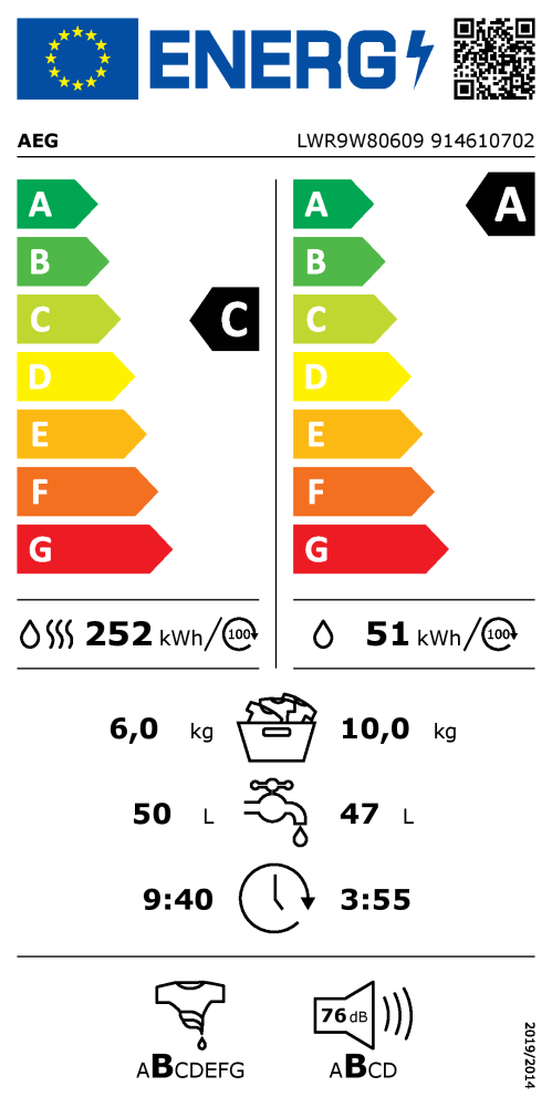 Masina de spalat rufe cu uscator AEG ÖKO Lavamat Serie 9000, LWR9W80609, clasa C, 10/ 6 kg, 1600 rpm, alb