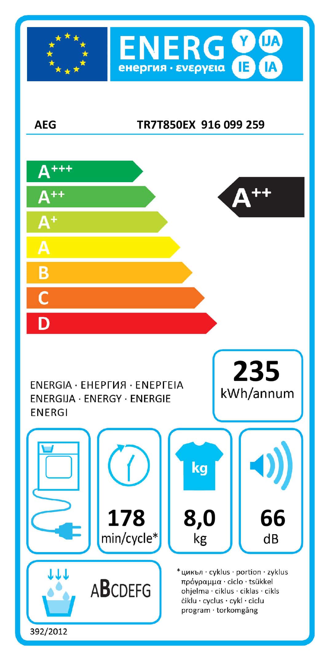 Uscator de rufe AEG Serie 7000 TR7T850EX, pompa de caldura, clasa energetica A++, 8 kg, ECO Lavatherm, alb