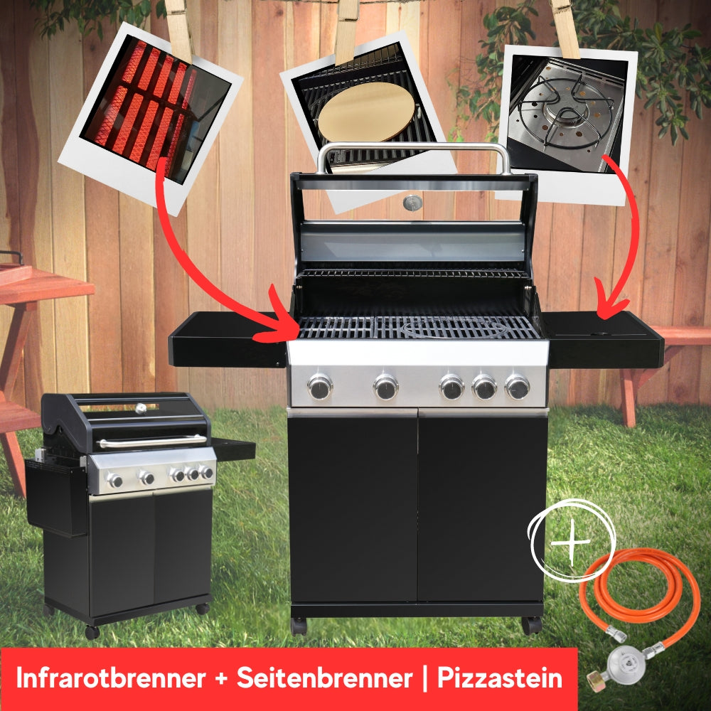 Gratar pe gaz FireKING Monthey IV S, 4 arzatoare + arzator lateral electric - inclusiv piatra pentru pizza si placa de gratar, Negru