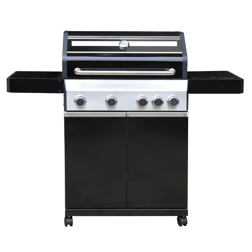 Gratar pe gaz FireKING Monthey IV S, 4 arzatoare + arzator lateral electric - inclusiv piatra pentru pizza si placa de gratar, Negru