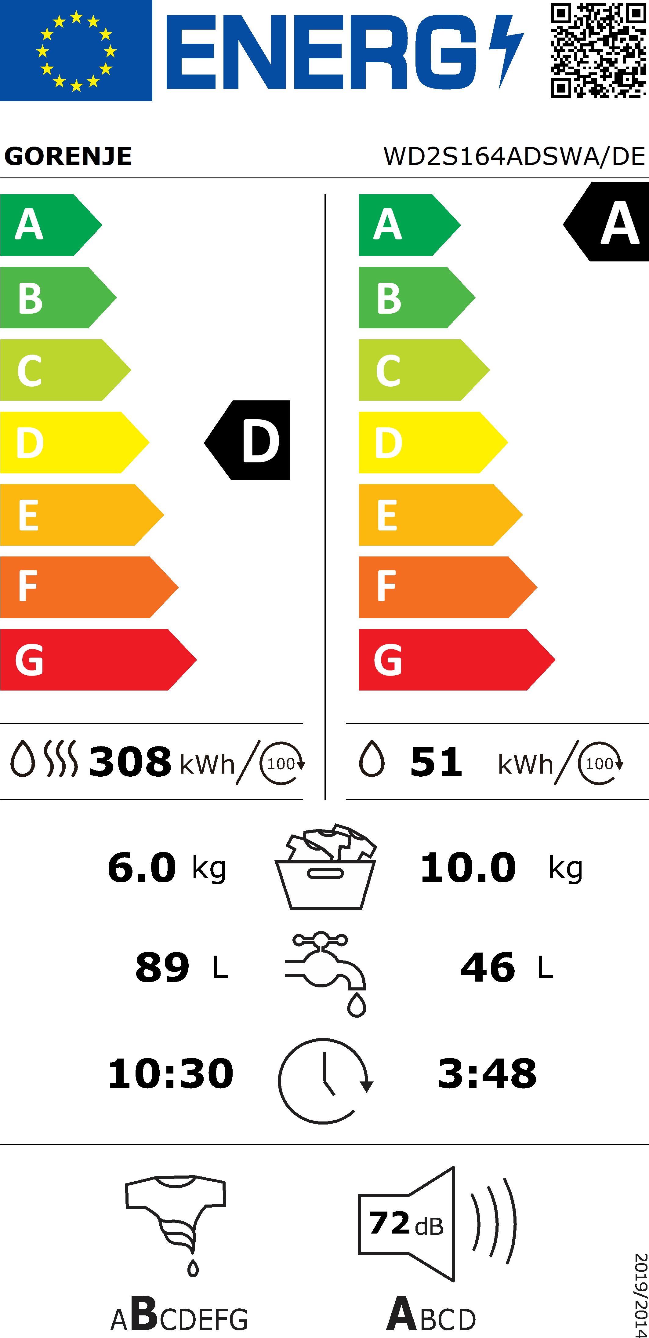 Masina de spalat rufe cu uscător Gorenje WD2S164ADSWA/DE, 10/6 kg, 1400 rpm, Inverter PowerDrive Motor, Alb