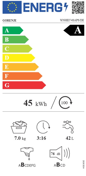 Masina de spalat rufe frontala Gorenje WNHEI74SAPS/DE, Clasa A, 7 kg, 1400 rpm, Alb