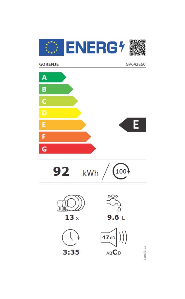 Masina de spalat vase incorporabila GORENJE GV642E60, Clasa E, 13 seturi, 6 programe, 60 cm, Negru