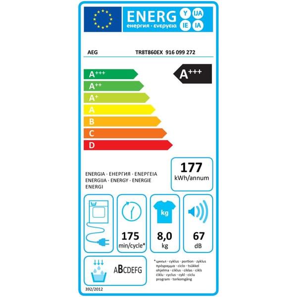 Uscator de rufe AEG seria 8000 TR8T860EX, pompa de caldura, A+++, 8 kg, ECO LAVATHERM, alb