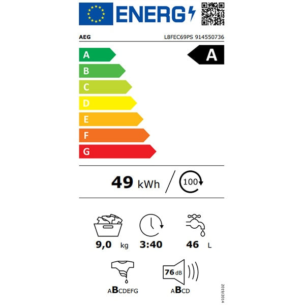 Masina de spalat rufe AEG L8FEC69PS, 9 kg, 1600 rpm, Clasa A, OKOMix, ProSteam, ProSense, Motor OKOInverter, Control touch, Alb