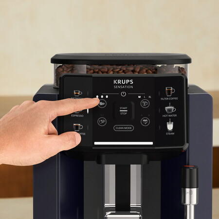 Espressor automat KRUPS Sensation EA910B10, 5 retete, ecran tactil, presiune 15 bari, capacitate rezervor cafea 260g, duza de abur, 1450 W, Sistem Thermoblock Compact, negru & violet