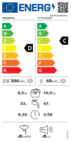 Masina de spalat rufe cu uscător Grundig GD7P510447W, clasa D, 10/6 kg, 1400 rpm, EcoMotor, Alb